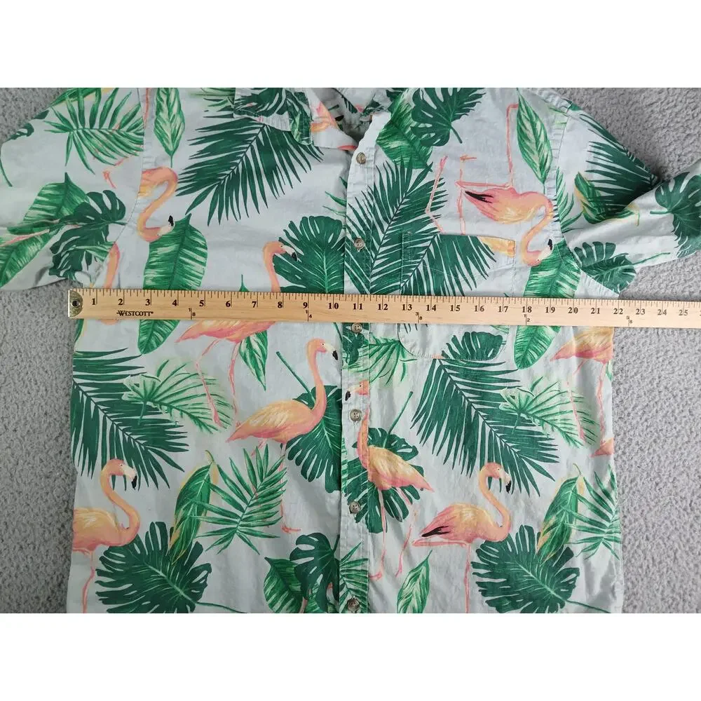 Old Navy Shirt Mens Large Flamingo Green Button Up Tropical Palm 100% Cotton - Picture 4 of 8